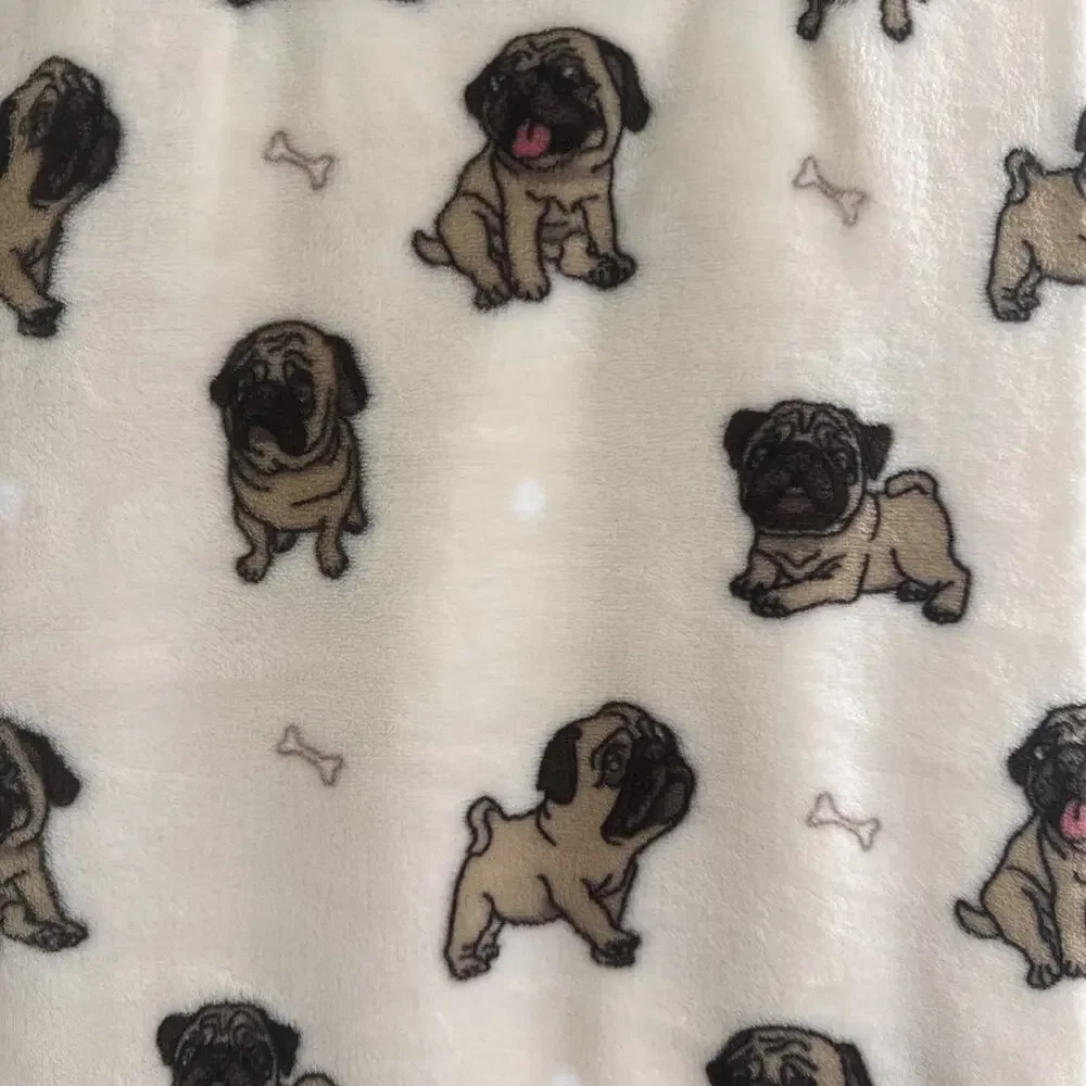 PUG “HUNGRY DOGS” 50x70” Plush Pet Throw Blanket Dog Blush Neutral Pugs NEW
